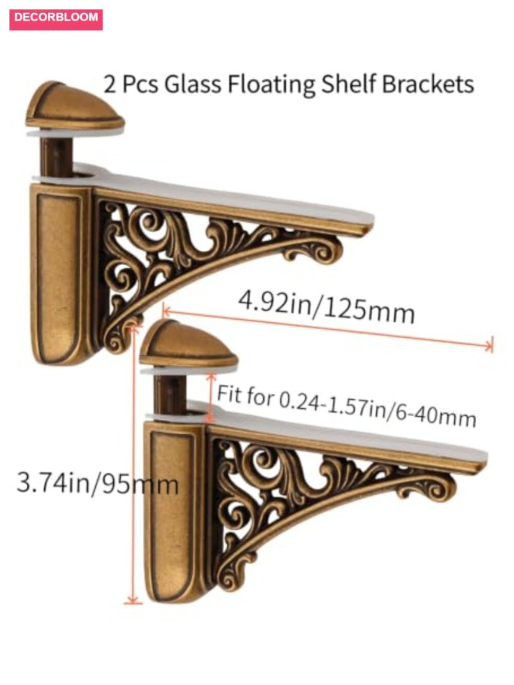 Adjustable Glass Shelf Brackets Solid Brass Wall Mount 2 Pcs - Picture 2 of 6